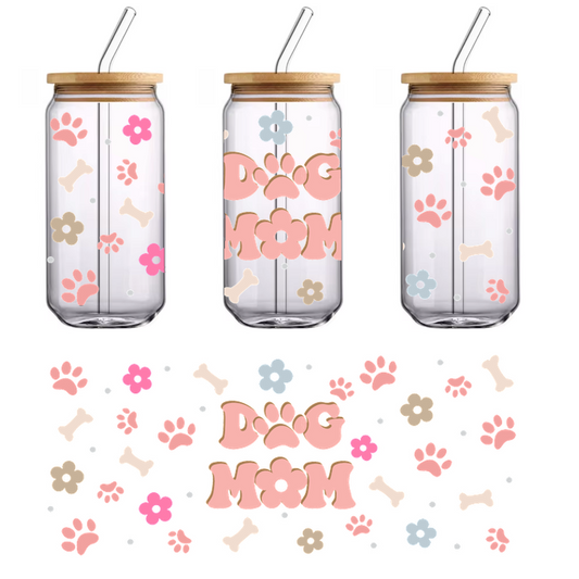 Celebrate your love for dogs with this playful "Dog Mom" design, featuring paws, bones, and flowers in soft pastel colors.UV Transfers dtf transfers