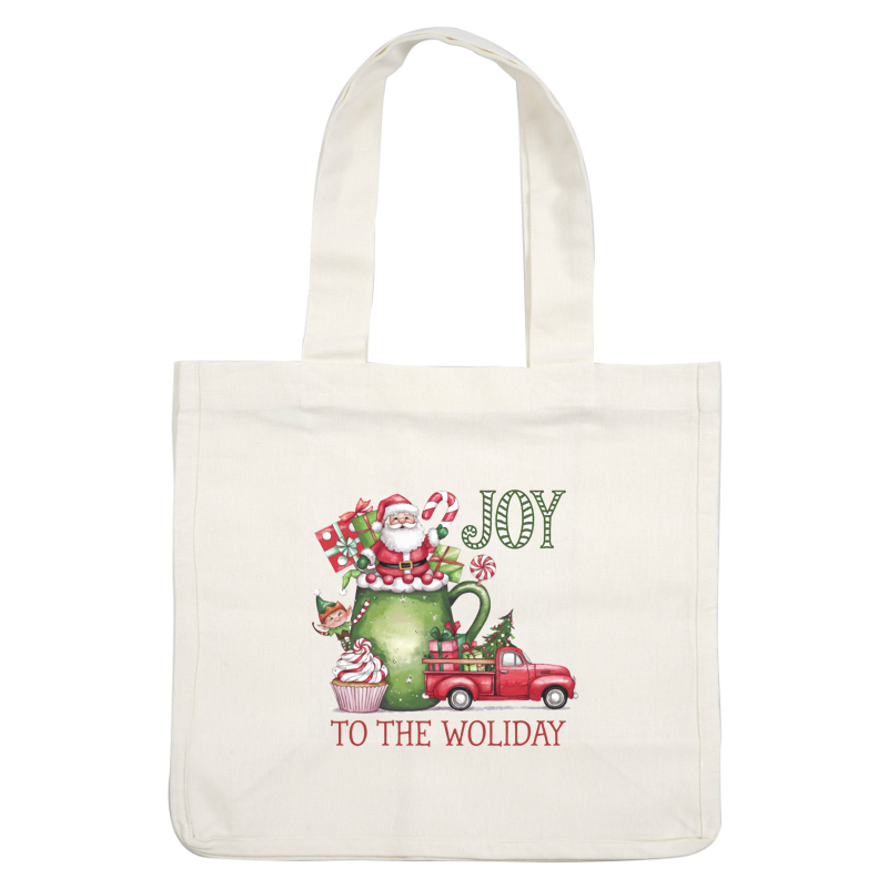 A festive design featuring Santa, an elf, a red truck, and holiday treats, celebrating joy during the season. heat press transfers