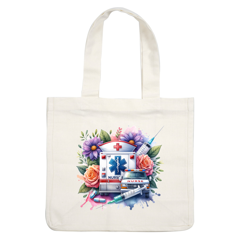 A vibrant illustration featuring an ambulance adorned with flowers, syringes, and medical symbols, celebrating the nursing profession.DTF Transfers