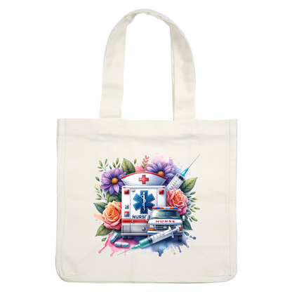 A vibrant illustration featuring an ambulance adorned with flowers, syringes, and medical symbols, celebrating the nursing profession.DTF Transfers