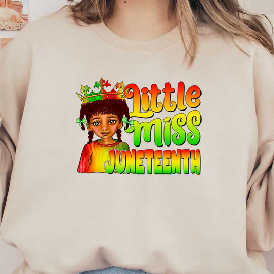 Celebrate Juneteenth with this vibrant "Little Miss Juneteenth" design featuring a joyful girl in a colorful crown and shirt! heat press transfers