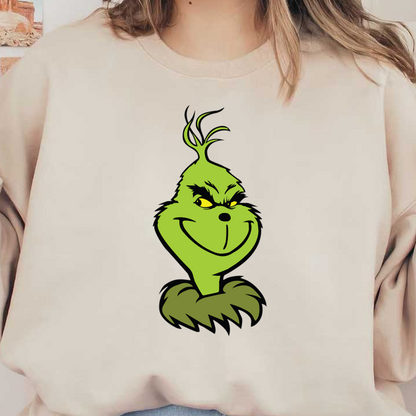 This playful illustration features the Grinch, a whimsical green character known for his mischievous grin and fuzzy green fur.DTF Transfers heat press transfers