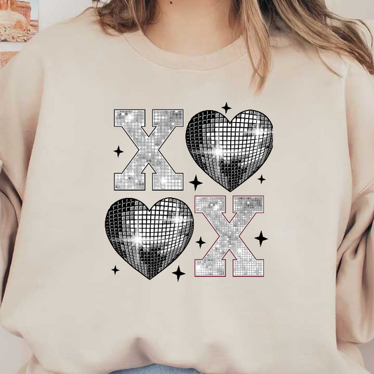 A stylish design featuring shimmering silver "X" letters and sparkling heart shapes, perfect for adding a touch of glam.DTF Transfers