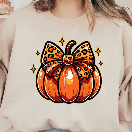 Una calabaza de color naranja vibrante adornada con un elegante lazo con estampado de leopardo, que irradia encanto y estilo estacional.