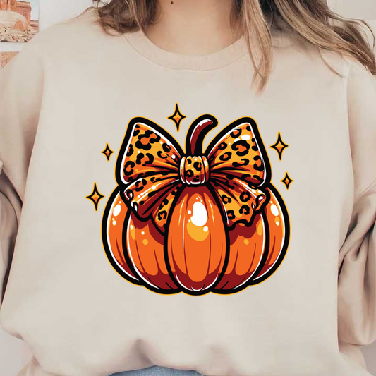 Esta calabaza de color naranja vibrante presenta un divertido lazo con estampado de leopardo que añade un toque elegante a un look festivo.