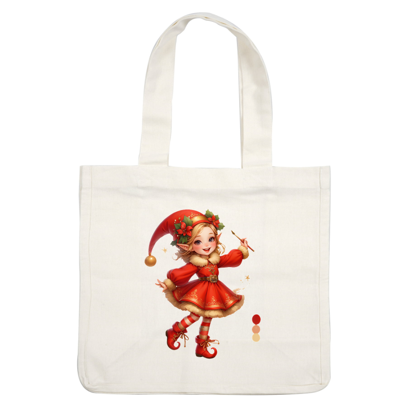 A cheerful elf girl in a festive red dress adorned with gold accents, complete with a whimsical hat and striped stockings.DTF Transfers dtf prints