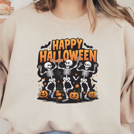 ¡Celebre Halloween con este gráfico animado que presenta esqueletos danzantes, calabazas vibrantes y un texto llamativo que dice "Feliz Halloween"!