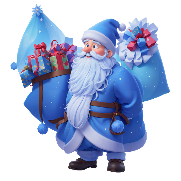 A cheerful blue-clad Santa carries two festive sacks filled with colorful presents, spreading holiday joy and charm.DTF Transfers heat press transfers