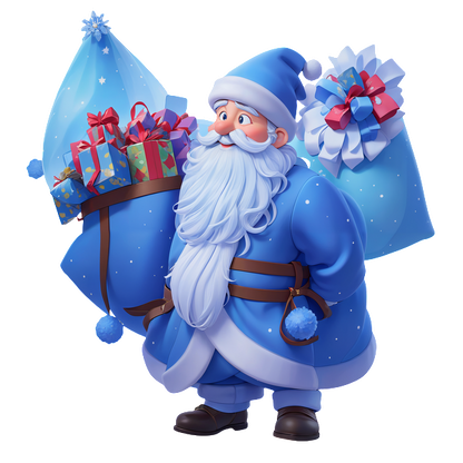 A cheerful blue-clad Santa carries two festive sacks filled with colorful presents, spreading holiday joy and charm.DTF Transfers heat press transfers