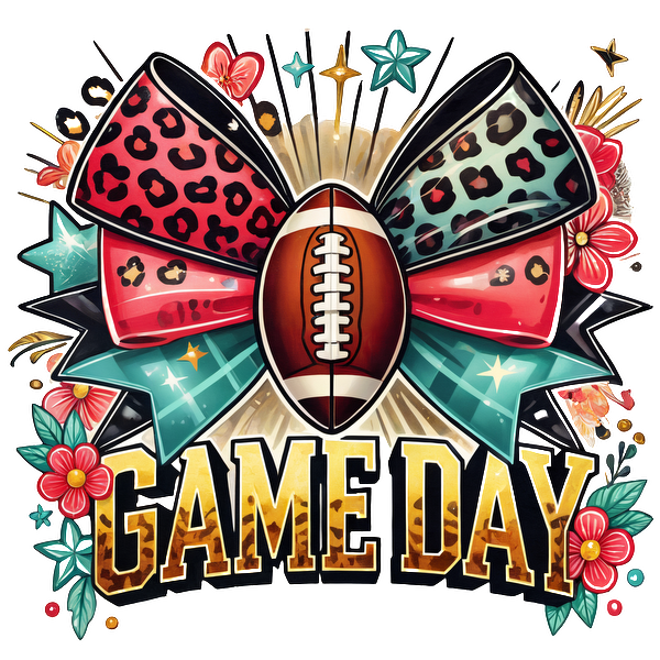 Celebrate Game Day with this vibrant design featuring a football, playful bows, and colorful decorative elements!DTF Transfers dtf prints