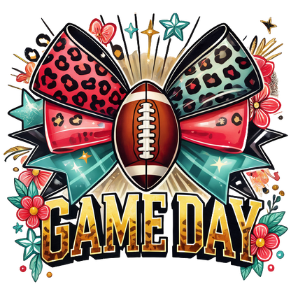 Celebrate Game Day with this vibrant design featuring a football, playful bows, and colorful decorative elements!DTF Transfers dtf prints