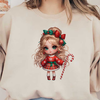 A charming Christmas doll with curly blond hair, festive attire, and a candy cane, radiating holiday cheer and joy.DTF Transfers dtf prints