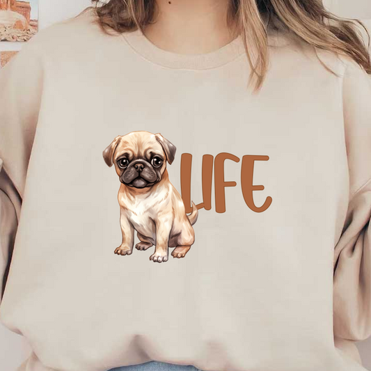 Una linda ilustración de un pug con la palabra "VIDA" mostrada de manera creativa al lado.