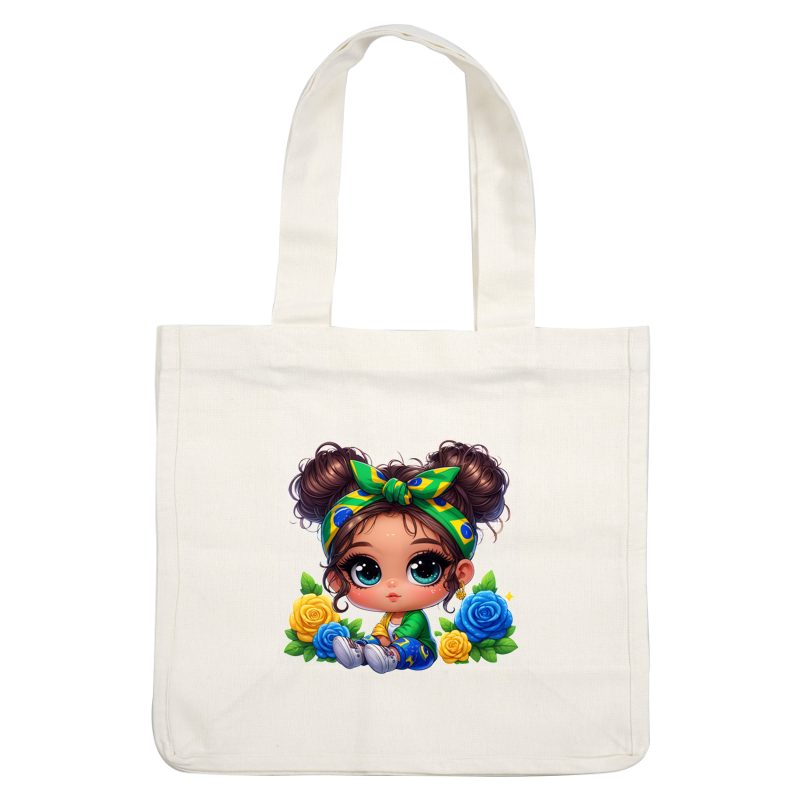 A cute cartoon girl with big eyes, styled hair, and a colorful headband, surrounded by vibrant blue and yellow flowers.DTF Transfers heat press transfersdtf regular iron