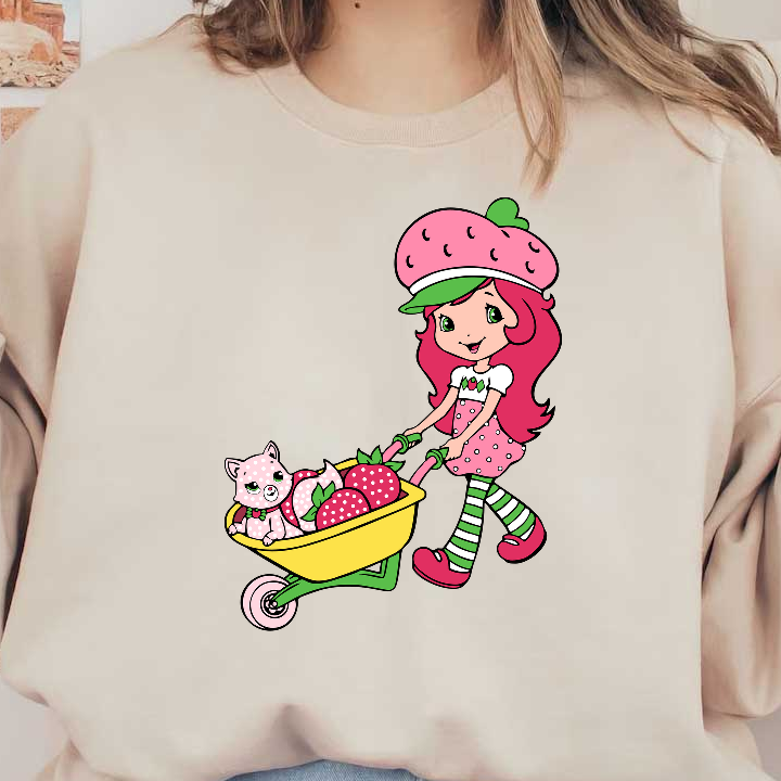 A cheerful girl in a strawberry-themed outfit joyfully pushes a yellow wheelbarrow filled with strawberries and a cute, spotted cat.DTF Transfers