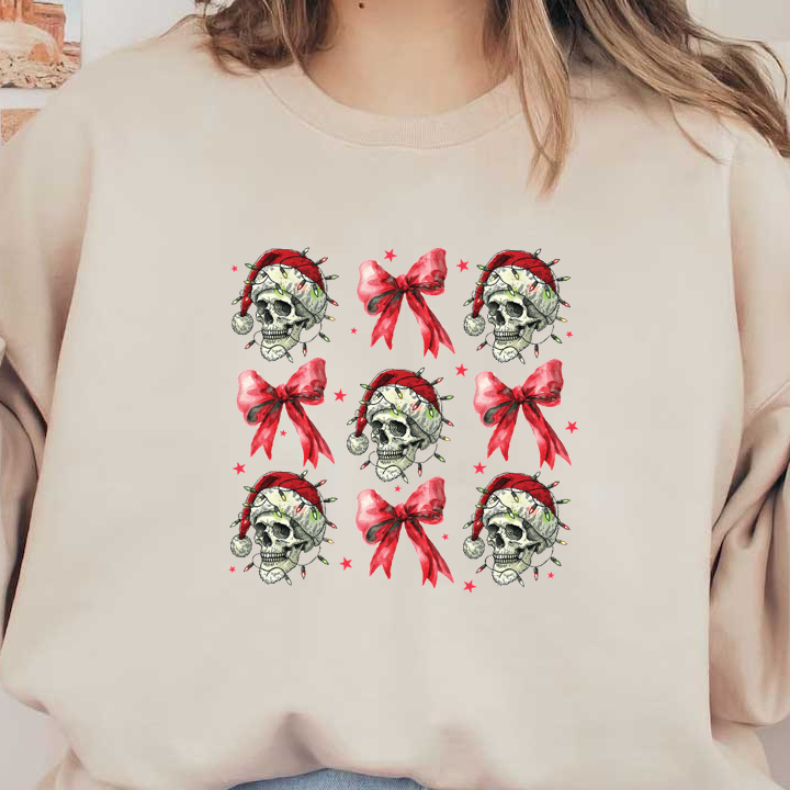 A festive pattern featuring whimsical skulls wearing Santa hats, adorned with colorful lights and vibrant red bows. dtf transfers