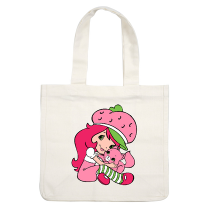 A cheerful cartoon girl with pink hair and a strawberry hat hugs her cute pink kitten, showcasing a playful and colorful style.DTF Transfers