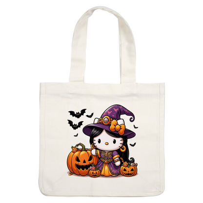 This adorable Halloween-themed Hello Kitty is dressed as a witch in a purple gown, surrounded by playful pumpkins and bats.DTF Transfers