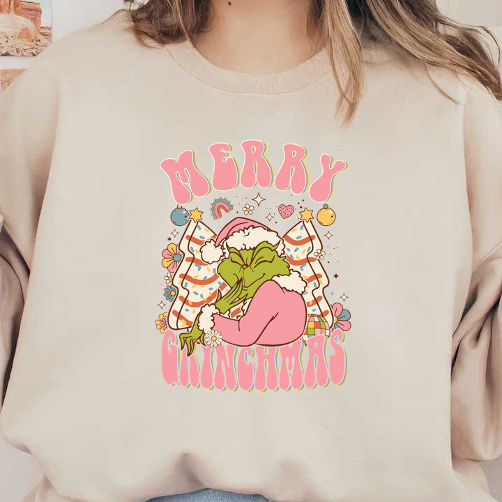 A whimsical design featuring the Grinch in a Santa hat, saying "Merry Grinchmas" surrounded by colorful festive elements.DTF Transfers heat press transfersdtf regular iron