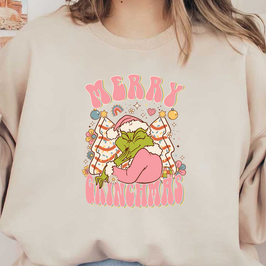 A whimsical design featuring the Grinch in a Santa hat, saying "Merry Grinchmas" surrounded by colorful festive elements.DTF Transfers heat press transfersdtf regular iron