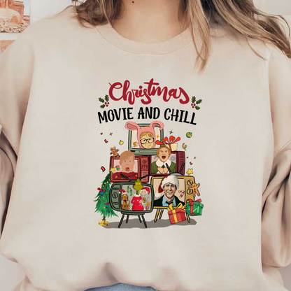 Cozy up for the holidays with this fun "Christmas Movie and Chill" graphic featuring retro TVs and festive characters!DTF Transfers dtf transfers dtf transfers