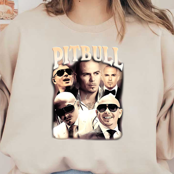 A vibrant graphic featuring multiple stylized images of the artist Pitbull, showcasing various poses and expressions.DTF Transfers heat press transfers