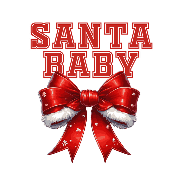 Cheerful holiday design featuring bold "SANTA BABY" text paired with a festive red bow adorned with fluffy white trim.dtf regular iron