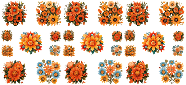 A vibrant collection of floral illustrations featuring orange, yellow, and blue blooms in various shapes and sizes.UV Transfers heat press transfers