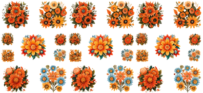 A vibrant collection of floral illustrations featuring orange, yellow, and blue blooms in various shapes and sizes.UV Transfers heat press transfers