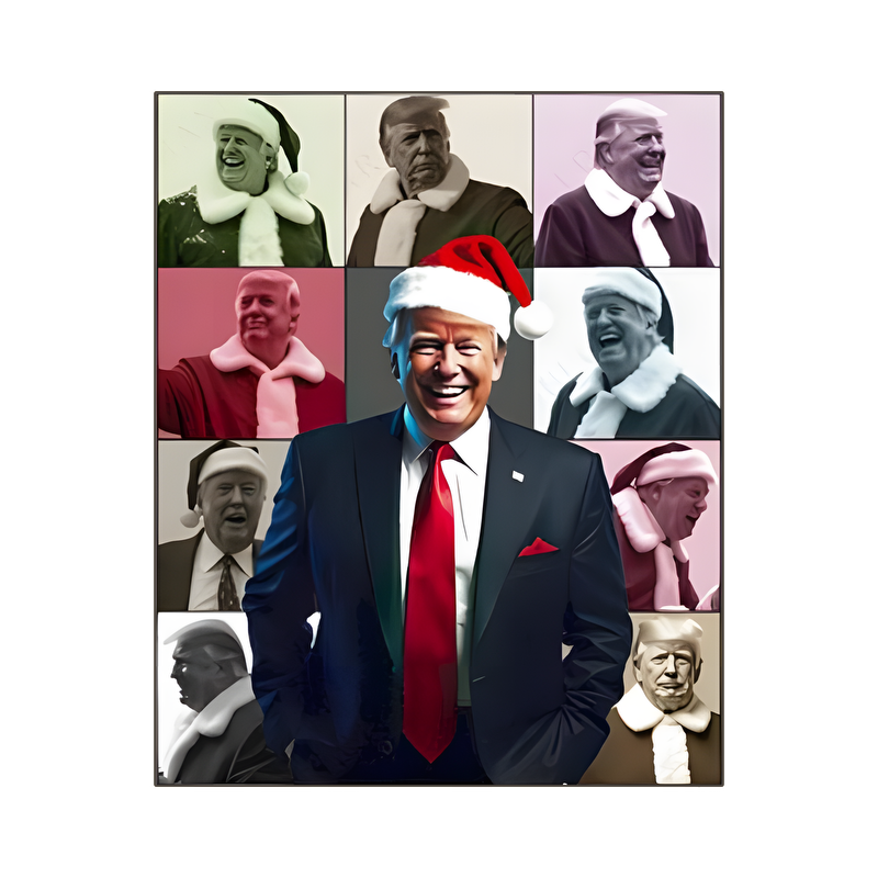 A festive collage featuring a central figure in a suit with a Santa hat, surrounded by various styled figures in holiday attire.DTF Transfersdtf regular iron dtf prints