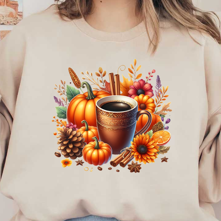 Acogedor arreglo con temática otoñal que presenta una taza de café humeante rodeada de calabazas, flores, piñas y ramas de canela.