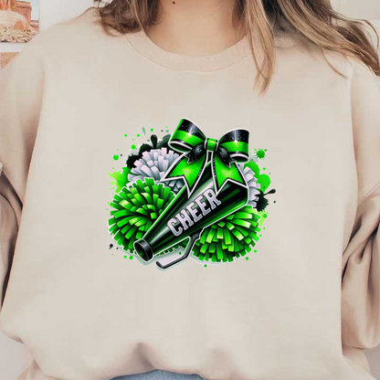 A vibrant cheerleading megaphone adorned with a green bow and surrounded by colorful pom-poms, perfect for spirited celebrations!DTF Transfersdtf regular iron