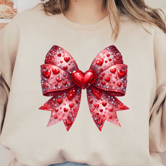 A vibrant, heart-themed bow adorned with sparkling red and pink hearts, perfect for adding a romantic touch to gifts.DTF Transfers