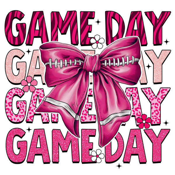 Bright and fun "Game Day" graphic featuring a pink bow and playful lettering, perfect for sports enthusiasts celebrating game day! dtf transfers