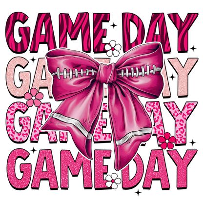 Bright and fun "Game Day" graphic featuring a pink bow and playful lettering, perfect for sports enthusiasts celebrating game day! dtf transfers