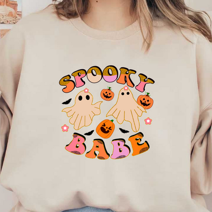 Celebrate Halloween with this playful "Spooky Babe" design featuring adorable ghosts and cheerful pumpkins! Perfect for festive fun! heat press transfers heat press transfers