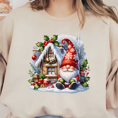 A cheerful Christmas gnome sits in the snow near a cozy cabin, surrounded by festive decorations and holly leaves.DTF Transfersdtf regular iron