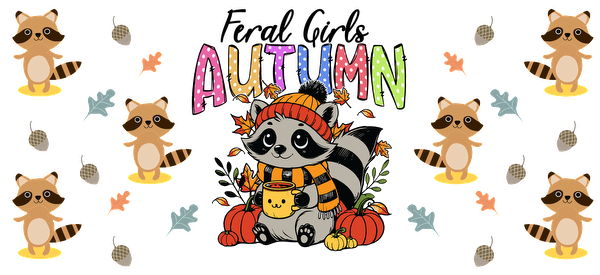 A cheerful illustration featuring a raccoon in autumn attire surrounded by colorful leaves and the word "AUTUMN."UV Transfers dtf transfers