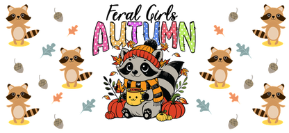 A cheerful illustration featuring a raccoon in autumn attire surrounded by colorful leaves and the word "AUTUMN."UV Transfers dtf transfers