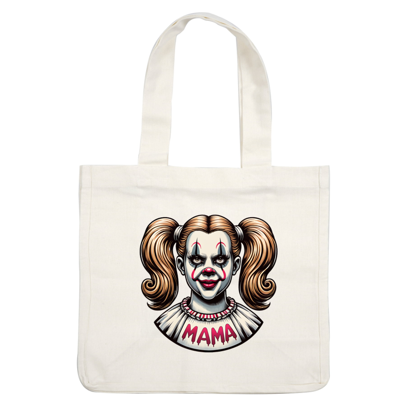 Una espeluznante ilustración de payaso que presenta a una niña con coletas, cara pintada y un vestido con la etiqueta "MAMA".