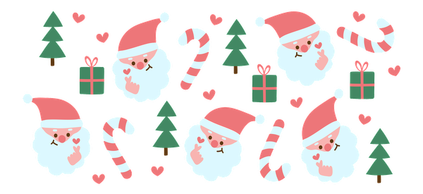 A cheerful holiday pattern featuring cute Santa Claus faces, candy canes, Christmas trees, gifts, and playful hearts in soft colors.UV Transfers dtf transfers