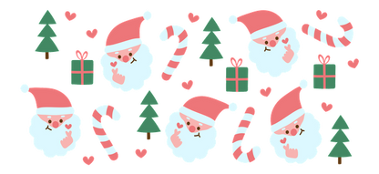 A cheerful holiday pattern featuring cute Santa Claus faces, candy canes, Christmas trees, gifts, and playful hearts in soft colors.UV Transfers dtf transfers