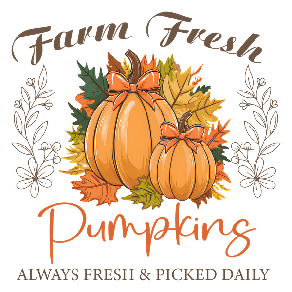 A charming illustration of vibrant pumpkins with bows, surrounded by autumn leaves and the text "Farm Fresh Pumpkins." dtf prints