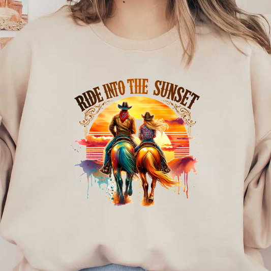 "Colorful illustration of two cowboys riding horses into a sunset, capturing a romantic western theme with vibrant hues." heat press transfers