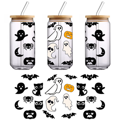 A playful Halloween-themed illustration featuring cute ghosts, a grinning pumpkin, and fun spider motifs against a spooky backdrop.UV Transfers dtf prints