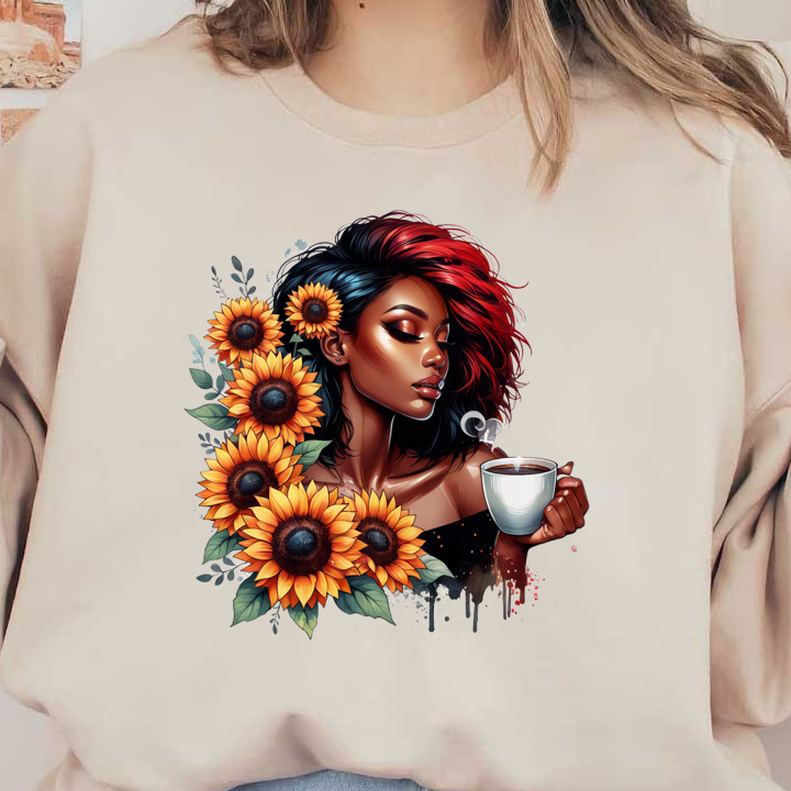 Una impresionante ilustración de una mujer con cabello rojo y negro vibrante, disfrutando de un café en medio de brillantes girasoles.