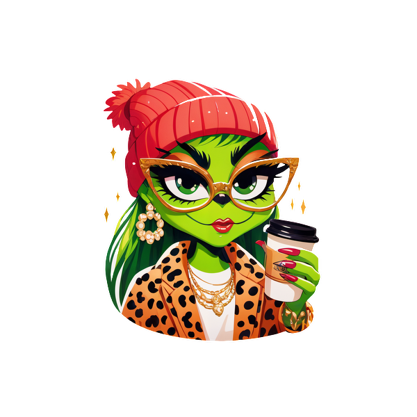 A stylish green-skinned character in a red beanie and leopard print jacket, holding a coffee cup with flair.DTF Transfersdtf regular iron