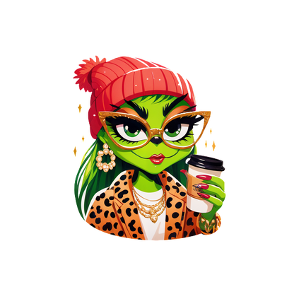 A stylish green-skinned character in a red beanie and leopard print jacket, holding a coffee cup with flair.DTF Transfersdtf regular iron