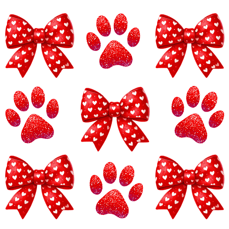 A vibrant pattern featuring red bows and paw prints with white hearts, perfect for celebrating love and pets!DTF Transfers