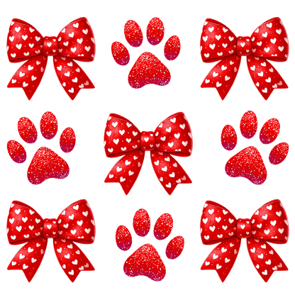 A vibrant pattern featuring red bows and paw prints with white hearts, perfect for celebrating love and pets!DTF Transfers